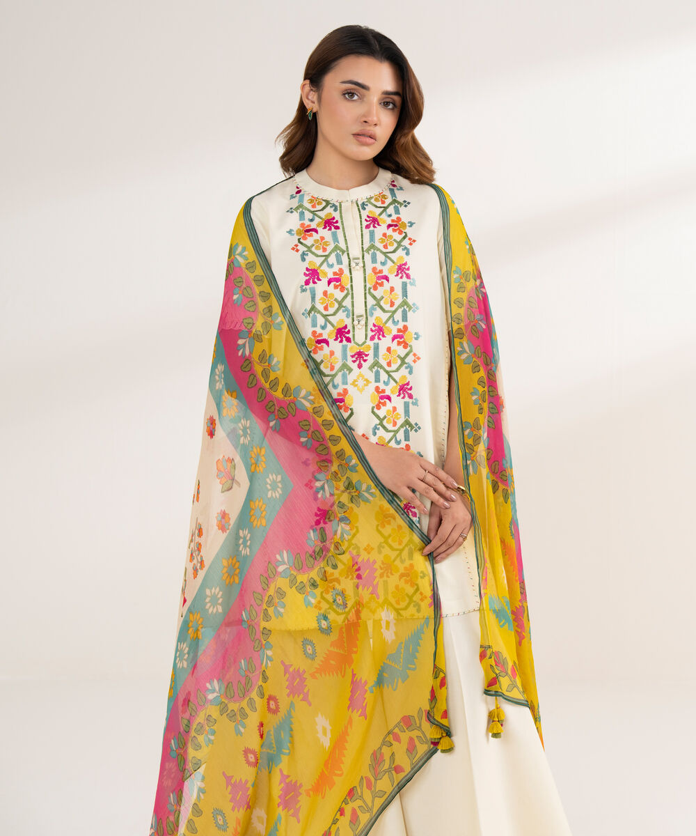 Women's Unstitched Cotton Embroidered Off White 3 Piece Suit