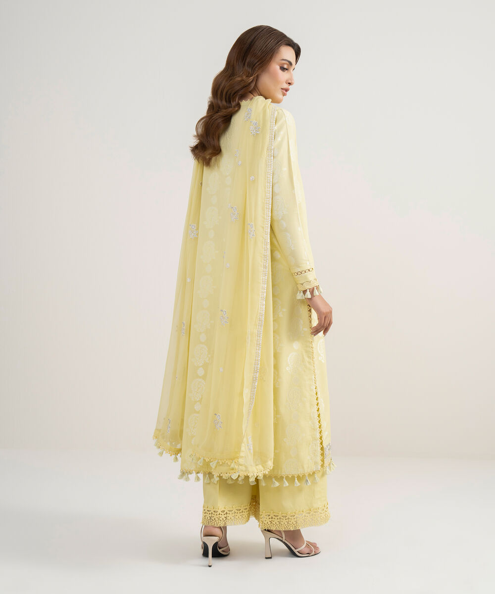 Women's Unstitched Extra Weft Jacquard Embroidered Yellow 3 Piece Suit