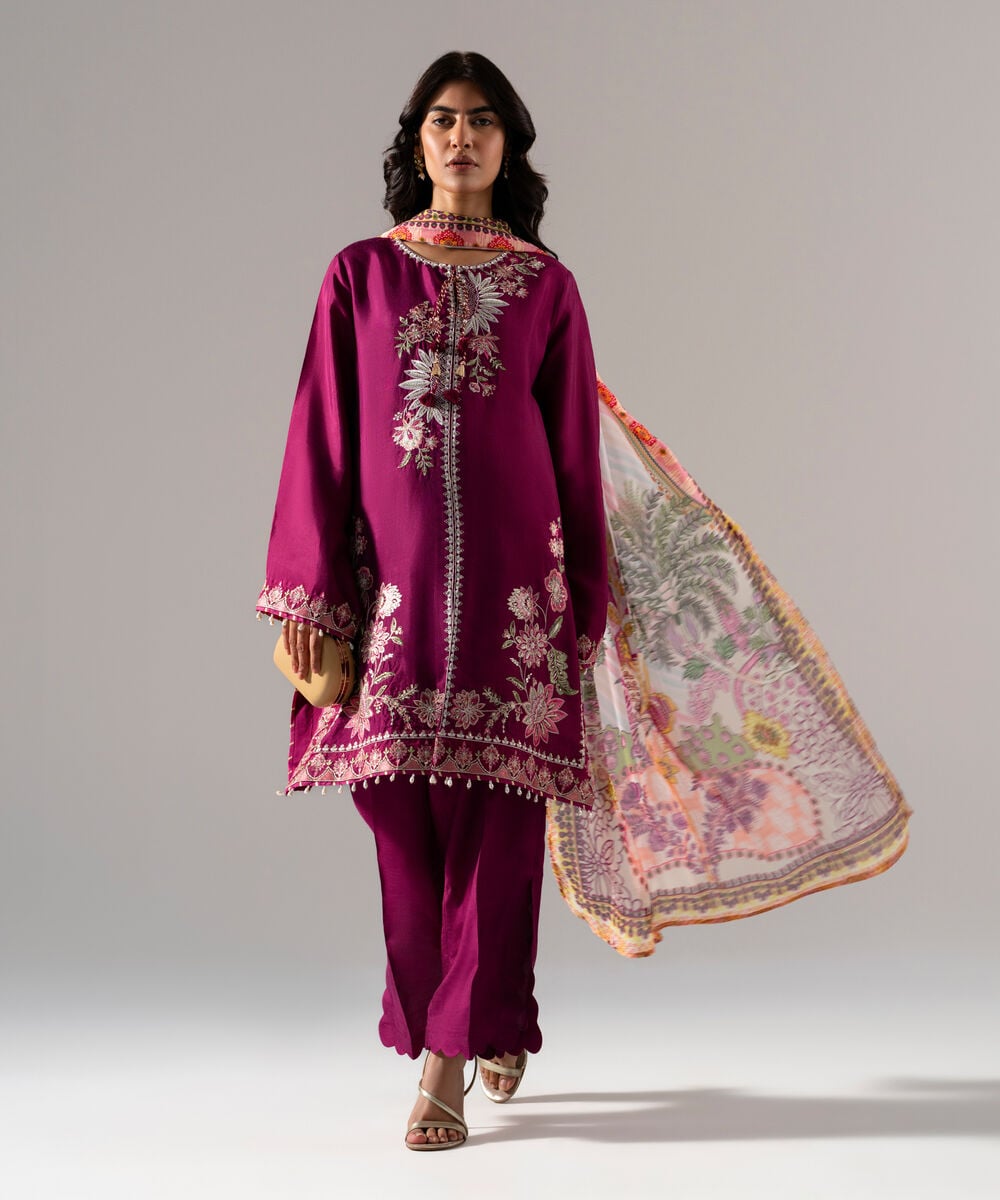 Women's RTW Solid Embroidered Plum Bright Raw Silk 3 Piece Suit
