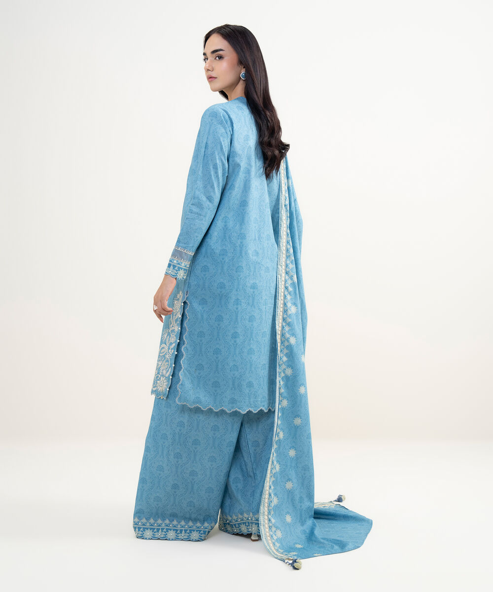 Women's Unstitched Lawn Embroidered Blue 3 Piece Suit