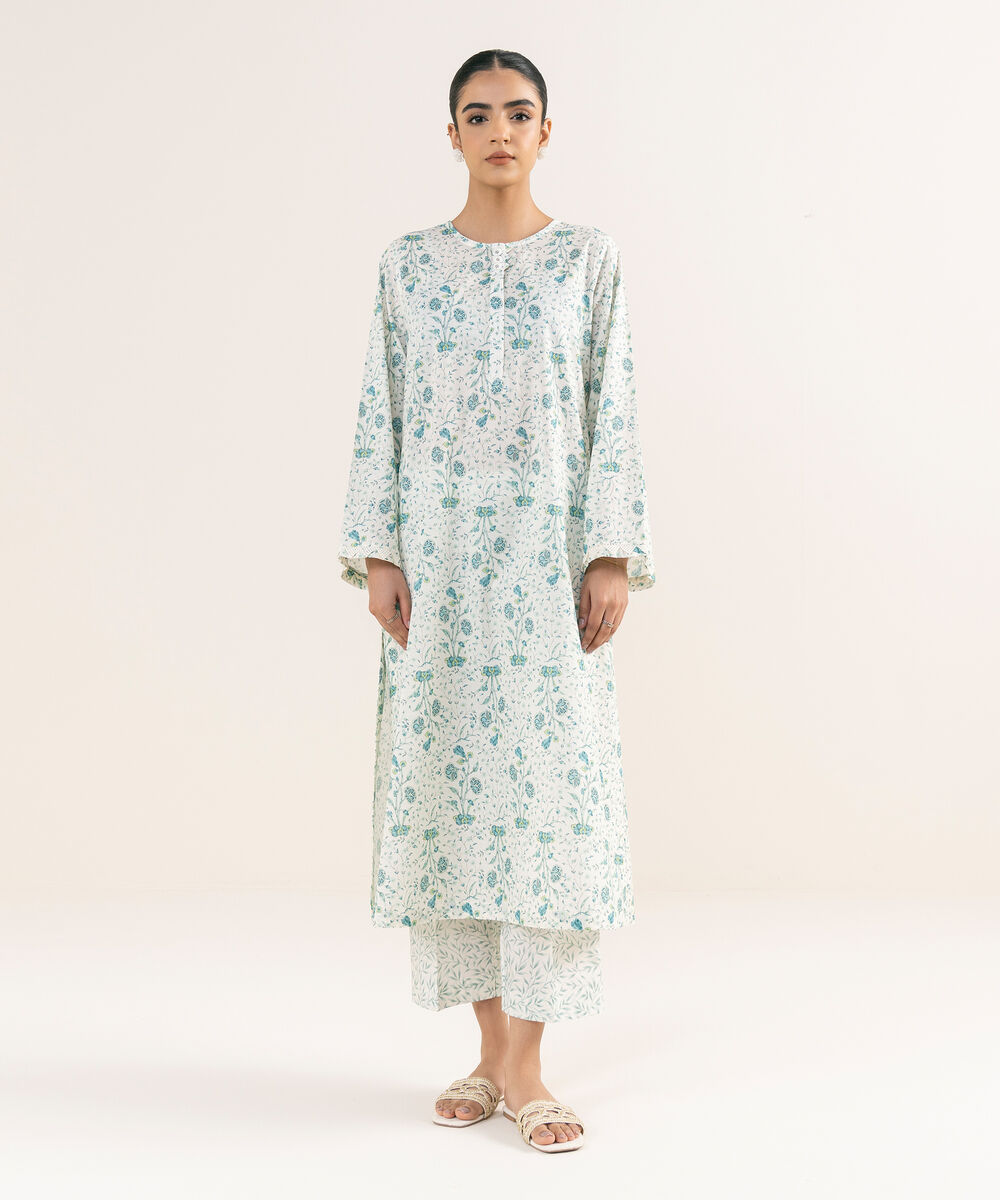 Women's RTW Textured Lawn White Printed A-Line Shirt