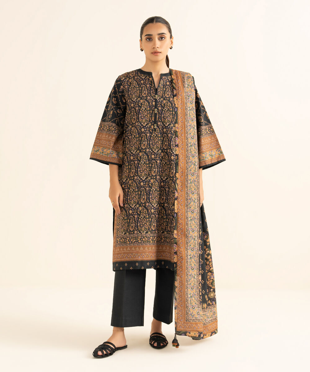 Women's Unstitched Cotton Printed Black 3 Piece Suit