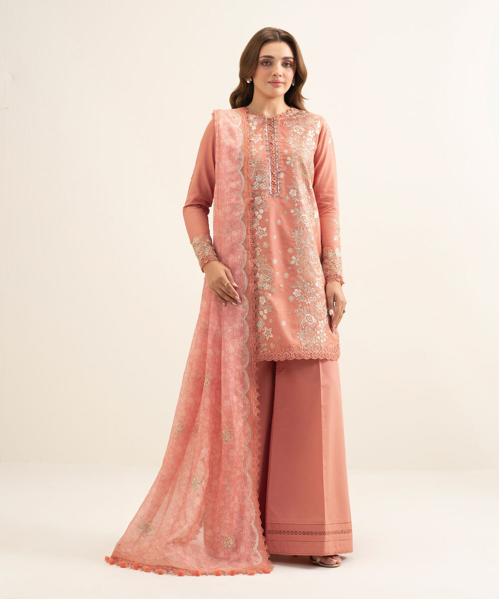 Women's Unstitched Fine Cotton Satin Embroidered Pink 3 Piece Suit