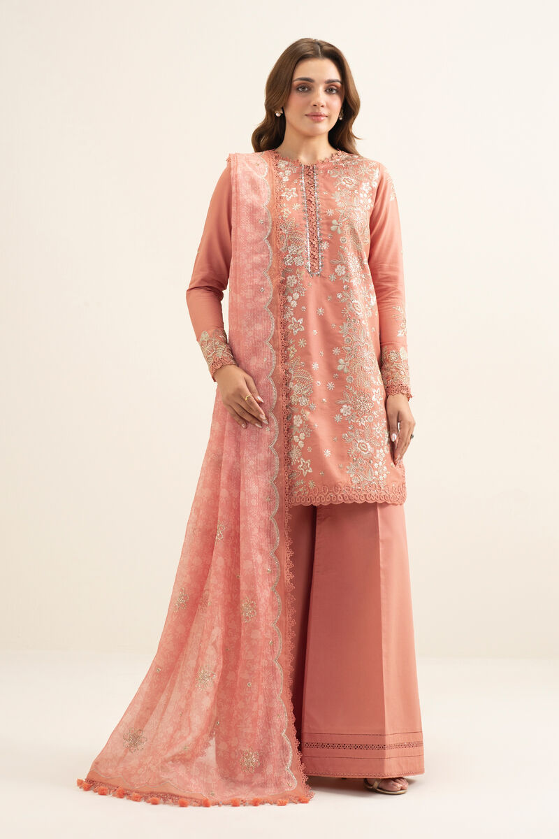 3 Piece - Embroidered Cotton Satin Suit