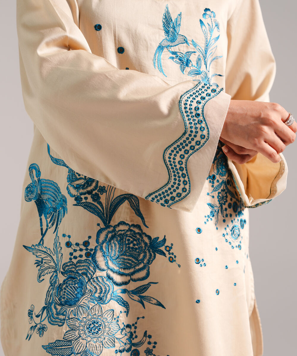 Women's RTW Cotton Satin Embroidered Beige Straight Shirt