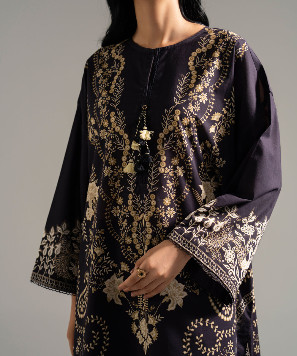 Women's RTW Slub Lawn Printed Black 3 Piece Suit