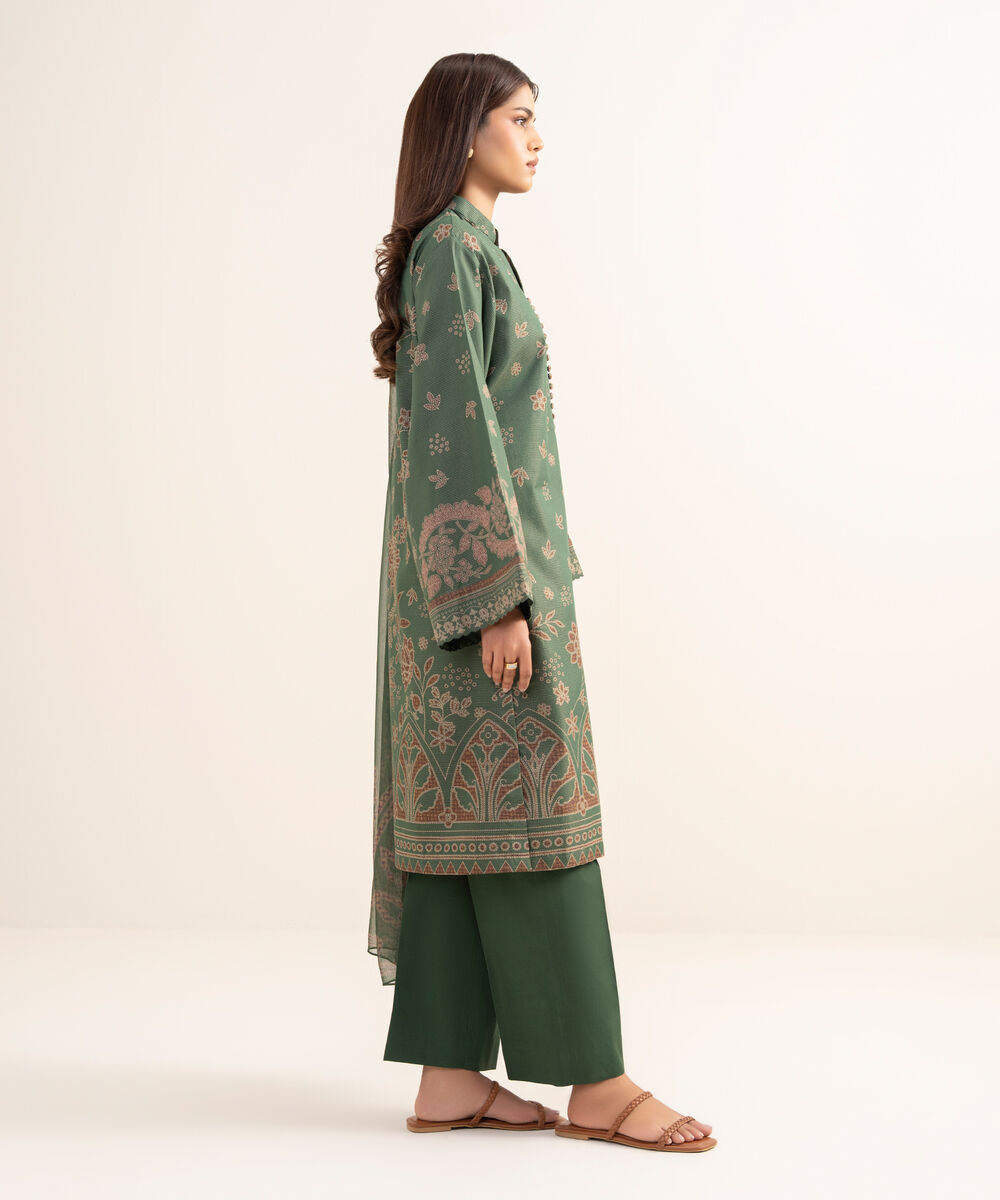 Women's Unstitched Zari Lawn Printed Green 3 Piece Suit