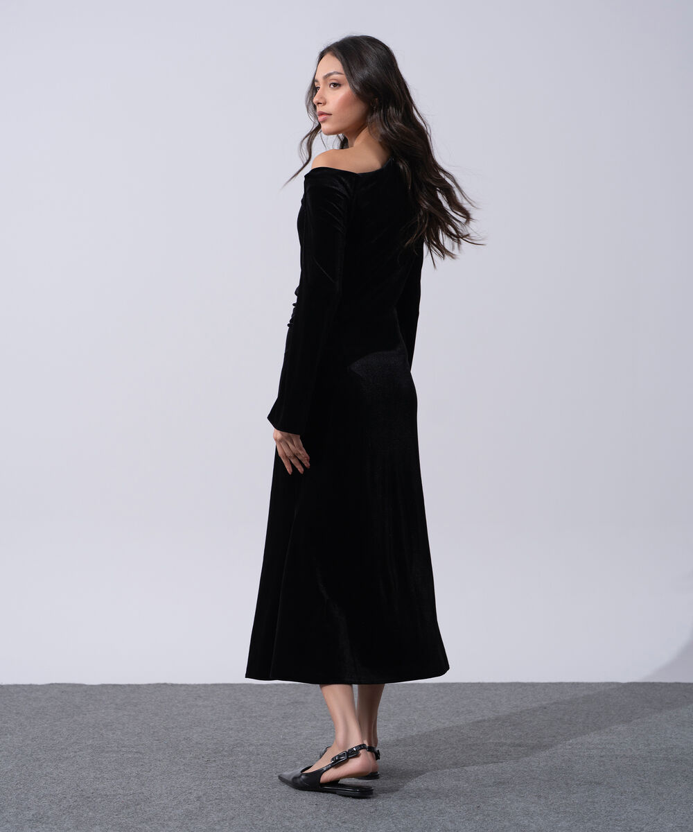 Women's Western Wear Black Polyester Velvet Off-Shoulder Dress