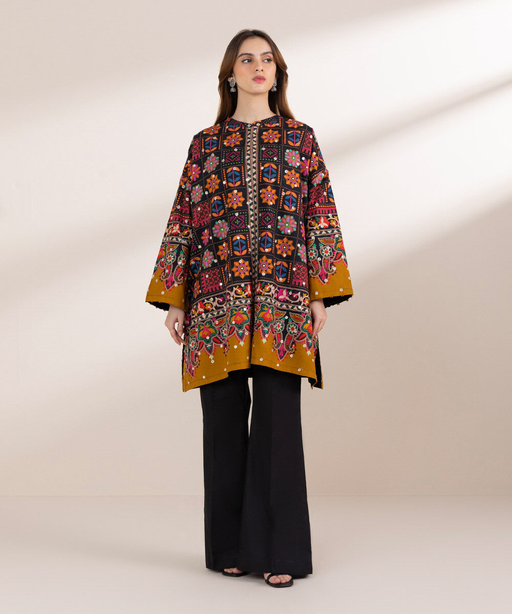 Women's Pret Cambric Black Embroidered Straight Shirt