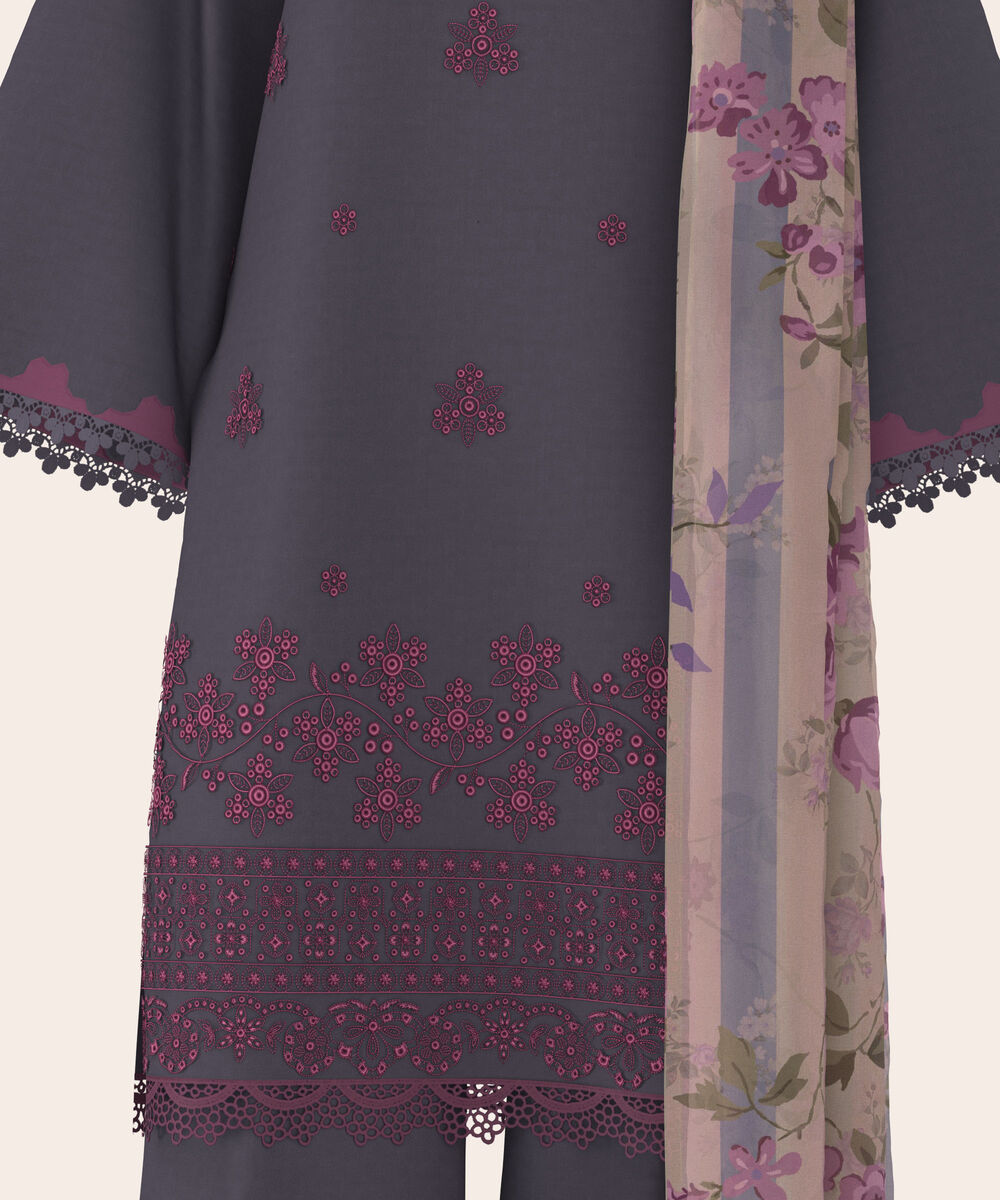 Women's Unstitched Self Jacquard Dark Grey  Embroidered 3 Piece Suit