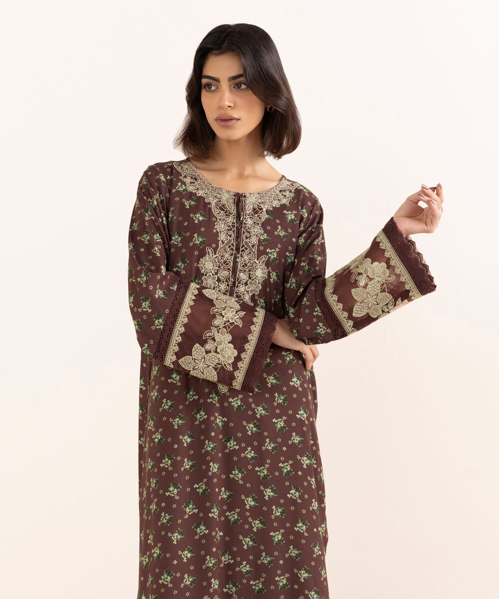 Women's RTW Arabic Lawn Red Embroidered A-Line Shirt