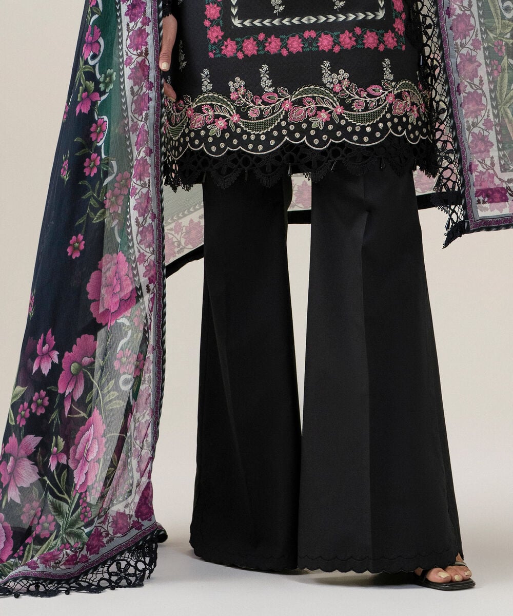 Women's Unstitched Bemberg Tissue Printed Black 3 Piece Suit