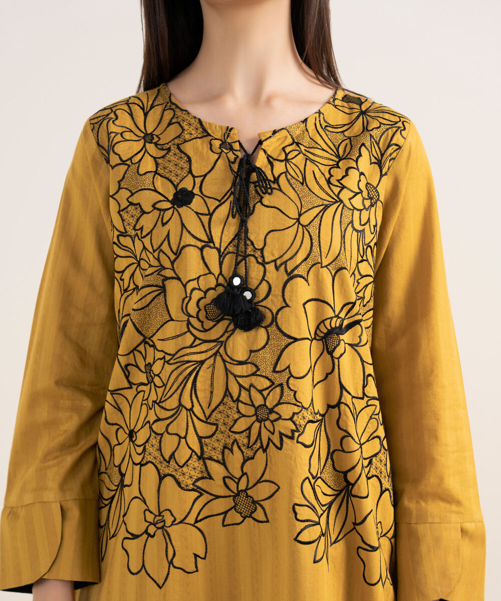 Women's RTW Textured Lawn Mustard Embroidered A-Line Shirt