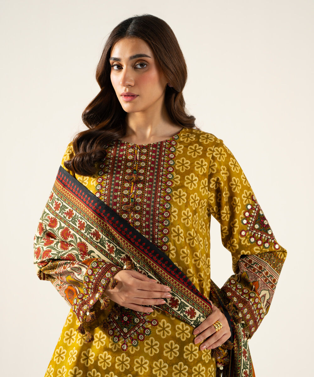 Women's Unstitched Linen Printed Mustard 3 Piece Suit