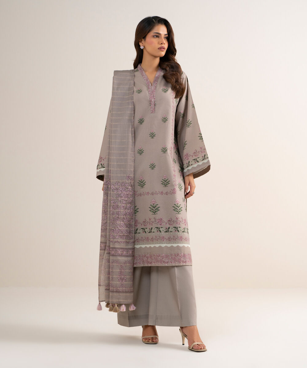 Women's Unstitched Zari Lawn Printed Beige 3 Piece Suit