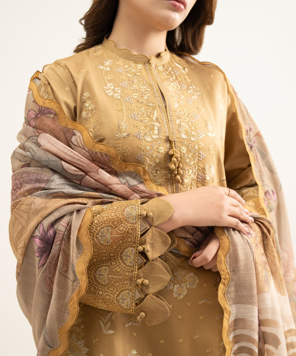 Women's Unstitched Textured Lawn Brown Embroidered 3 Piece Suit