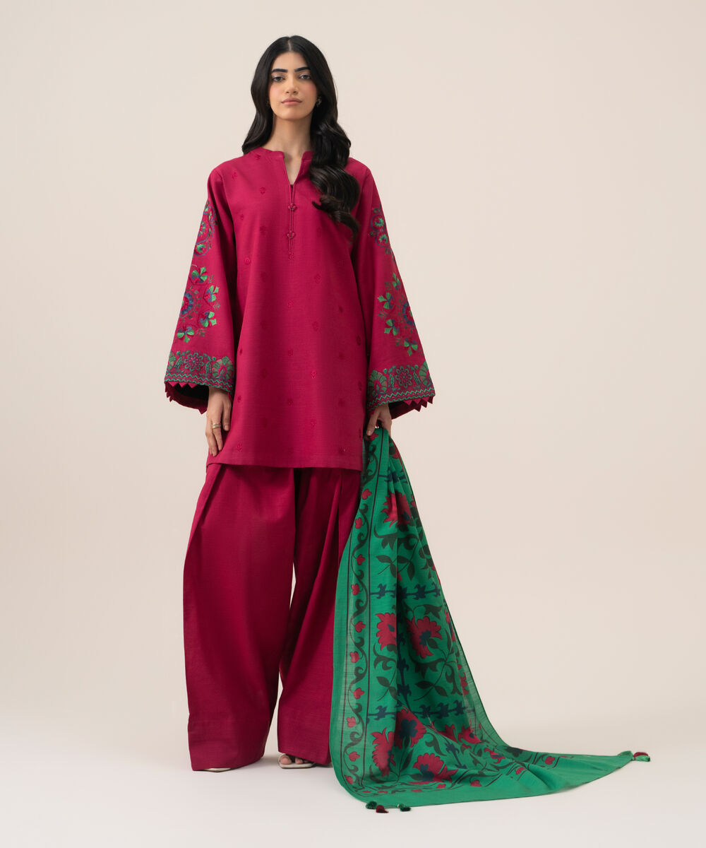Women's Unstitched Lawn Embroidered Pink 3 Piece Suit