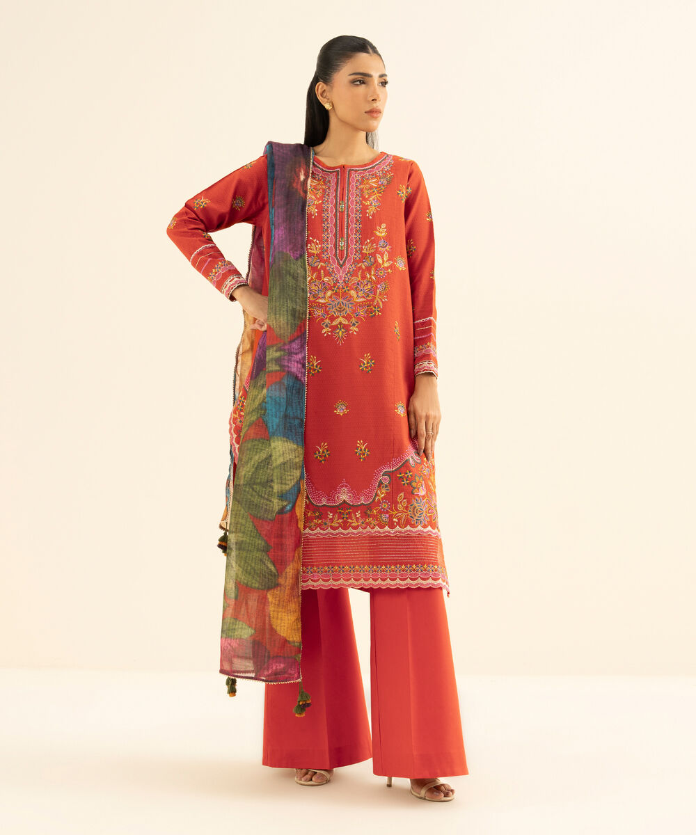 Women's Unstitched Dobby Embroidered Orange 3 Piece Suit