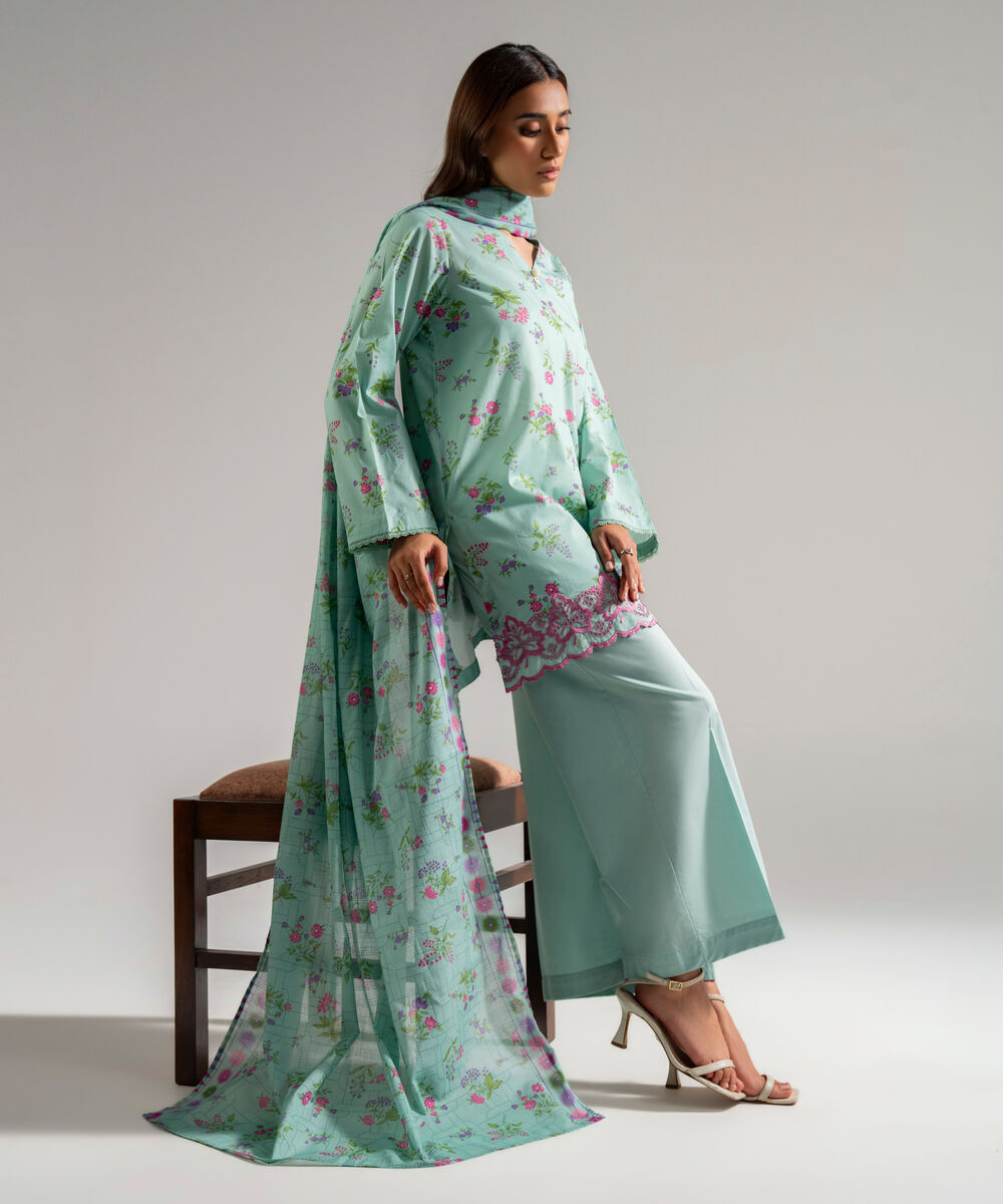 Women's RTW Lawn Embroidered Pastel Mint 3 Piece Suit