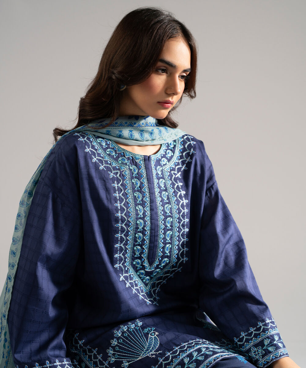 Women's RTW Dobby Embroidered Blue 3 Piece Suit