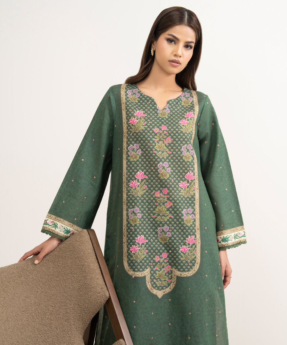Women's RTW Zari Cotton Embroidered Green A-Line Shirt