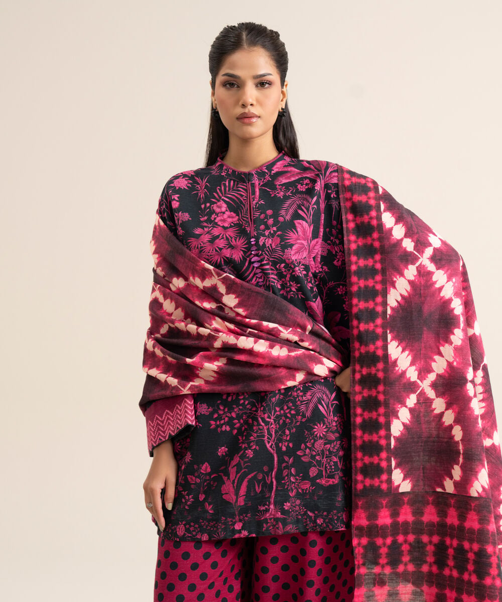 Women's Unstitched Premium Khaddar Printed Pink 3 Piece Suit
