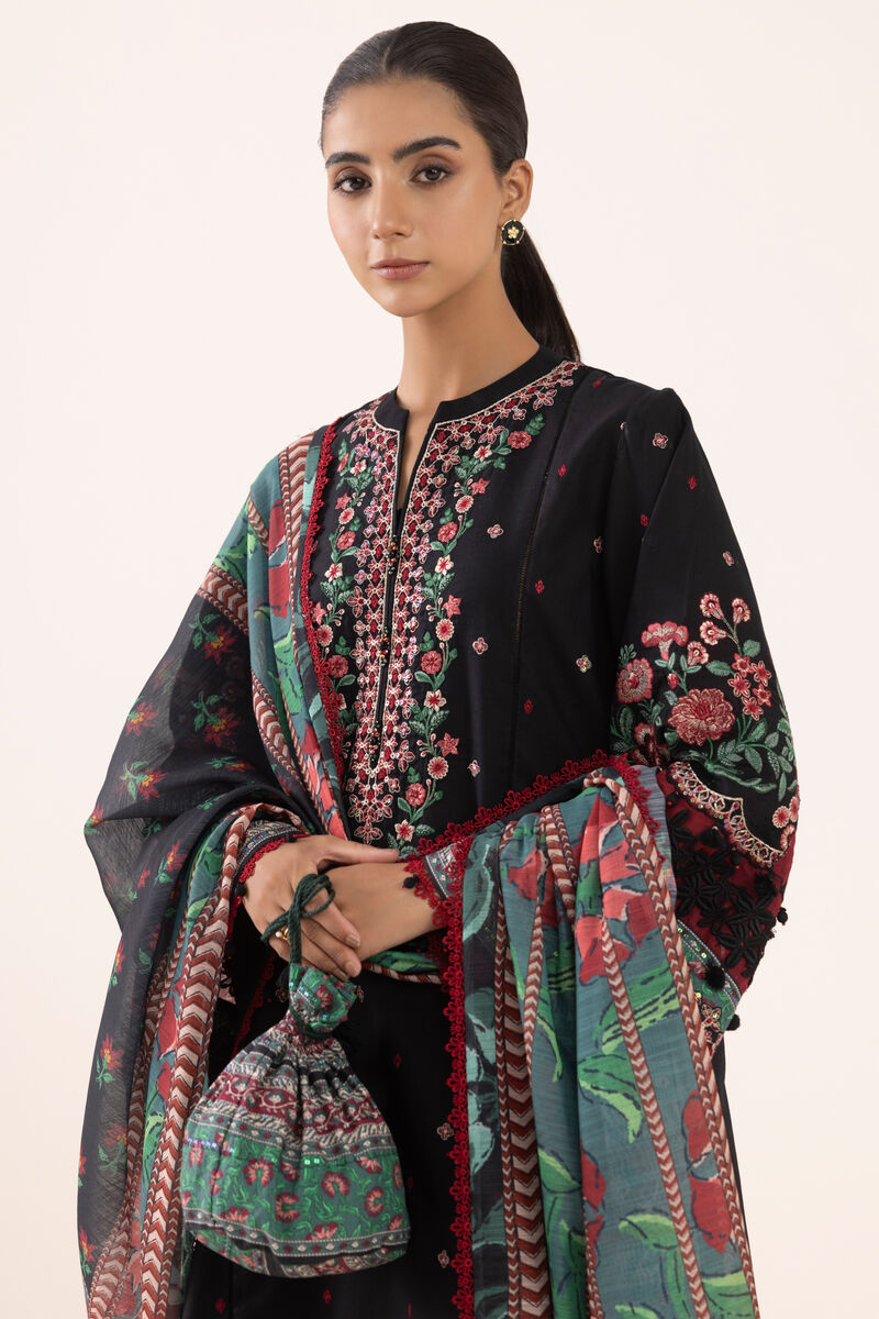 3 Piece - Embroidered Cotton Satin Suit