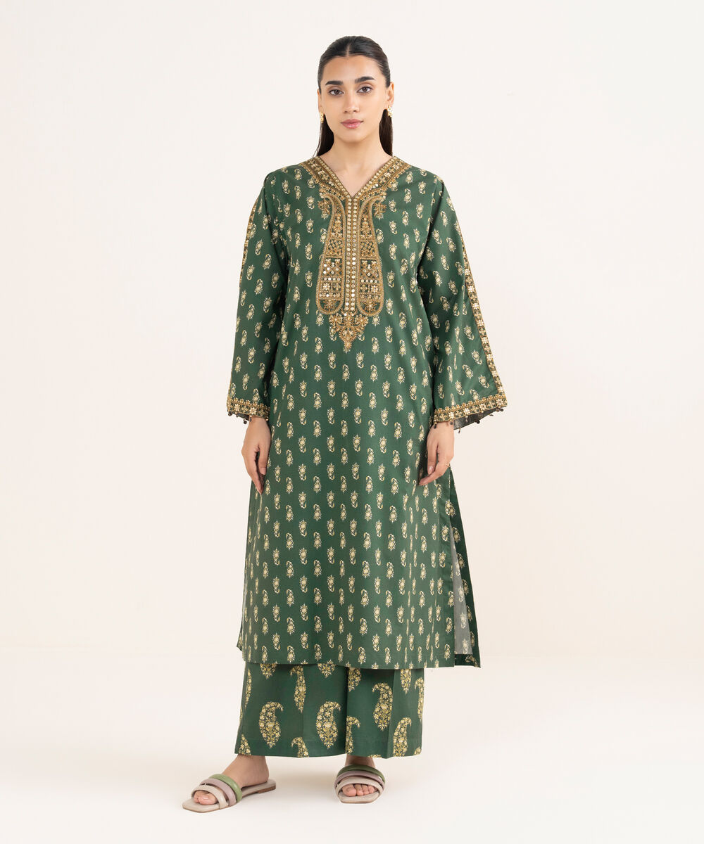 Women's RTW Cambric Green Embroidered A-line Shirt