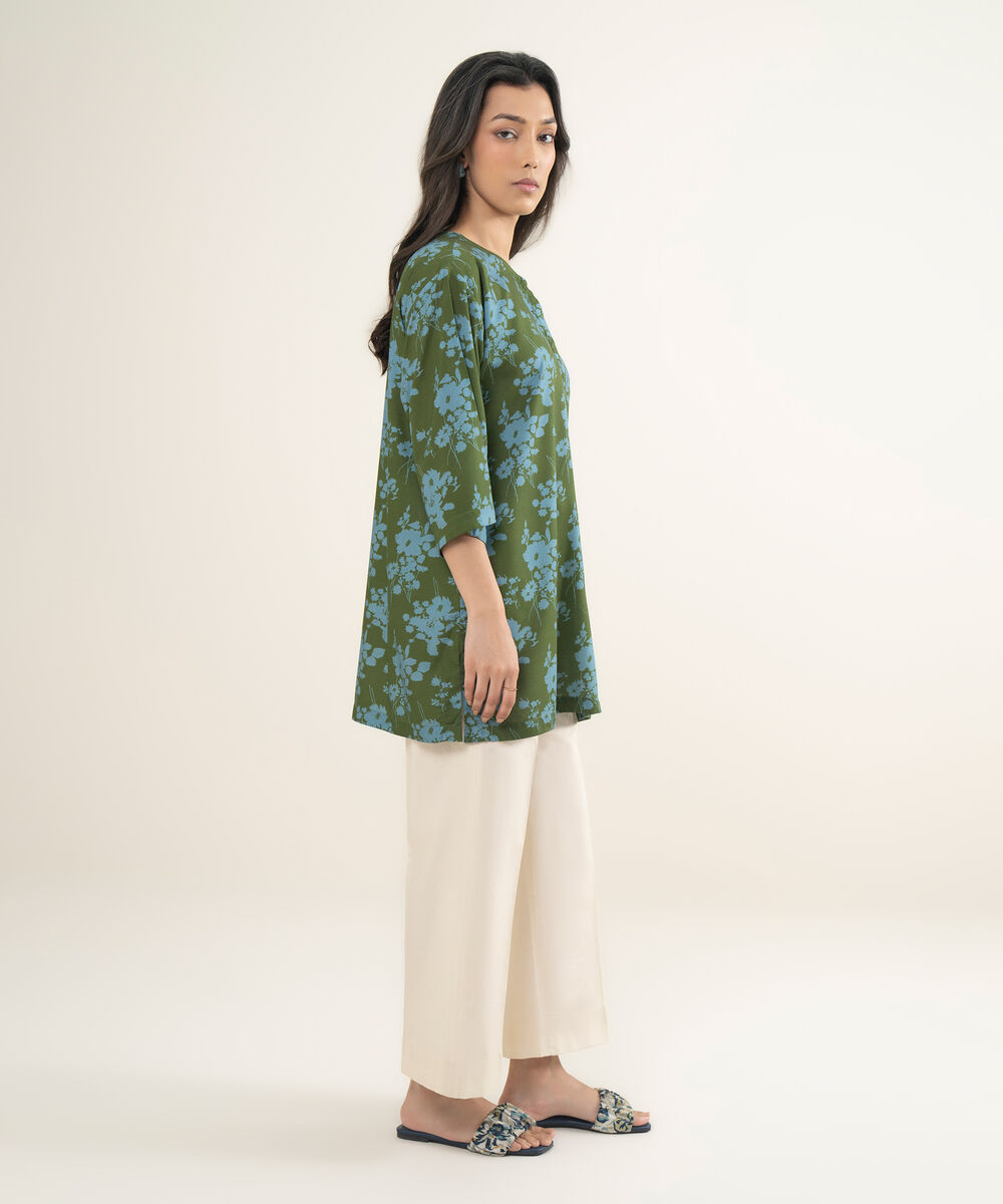 Women's RTW Arabic Cambric Printed Green Drop Shoulder Shirt