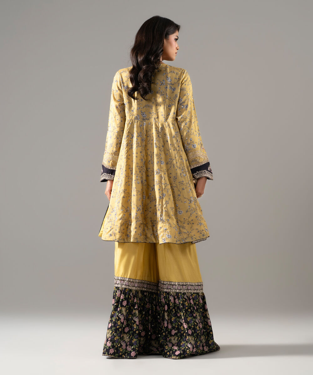 Women's RTW Bright Raw Silk Printed Yellow 2 Piece Suit