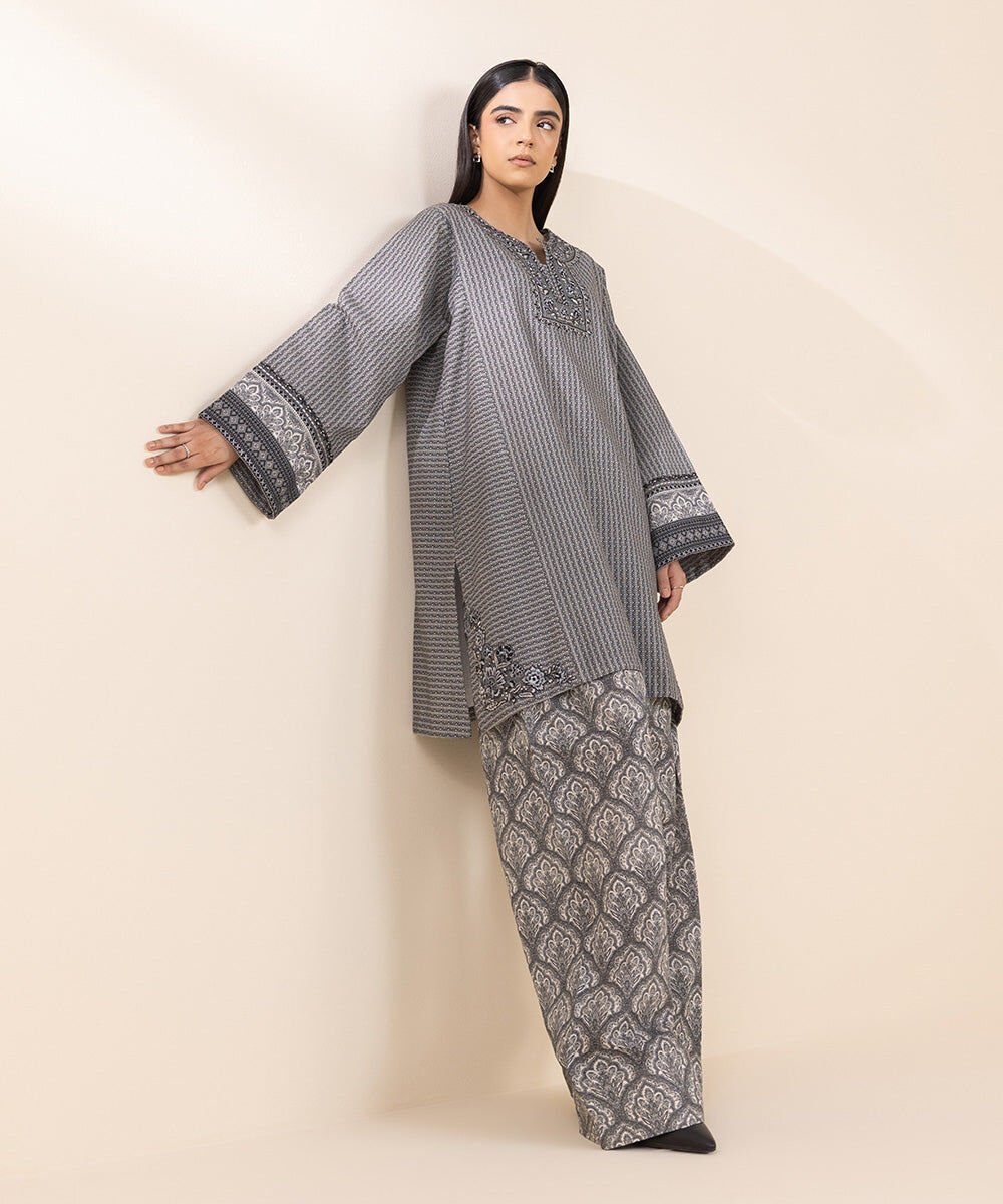 2 Piece - Embroidered Khaddar Suit Women's Pret Khaddar Grey Embroidered 2 Piece Suit