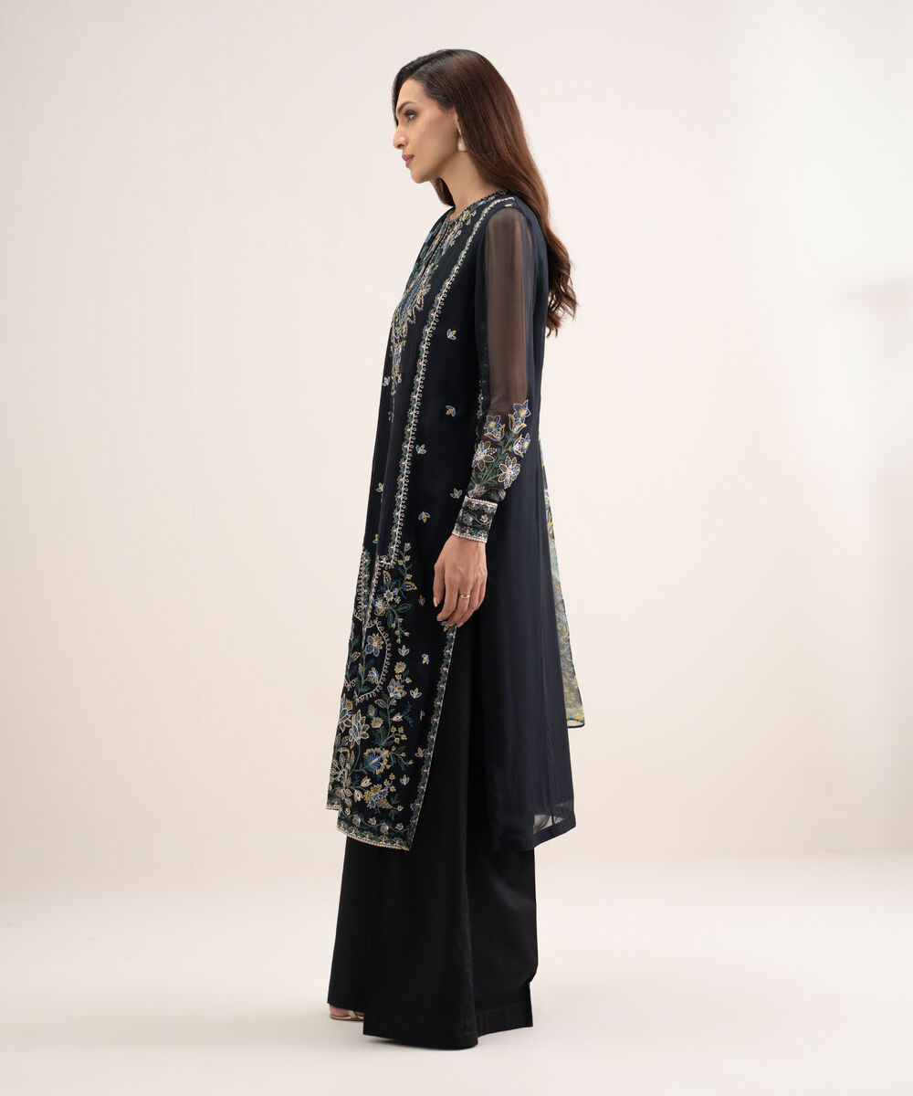 Women's Unstitched Blended Chiffon Embroidered Black 3 Piece Suit