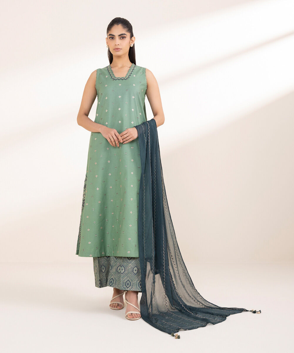 Unstitched Women's Embroidered Fine Cotton Satin Green Three Piece Suit