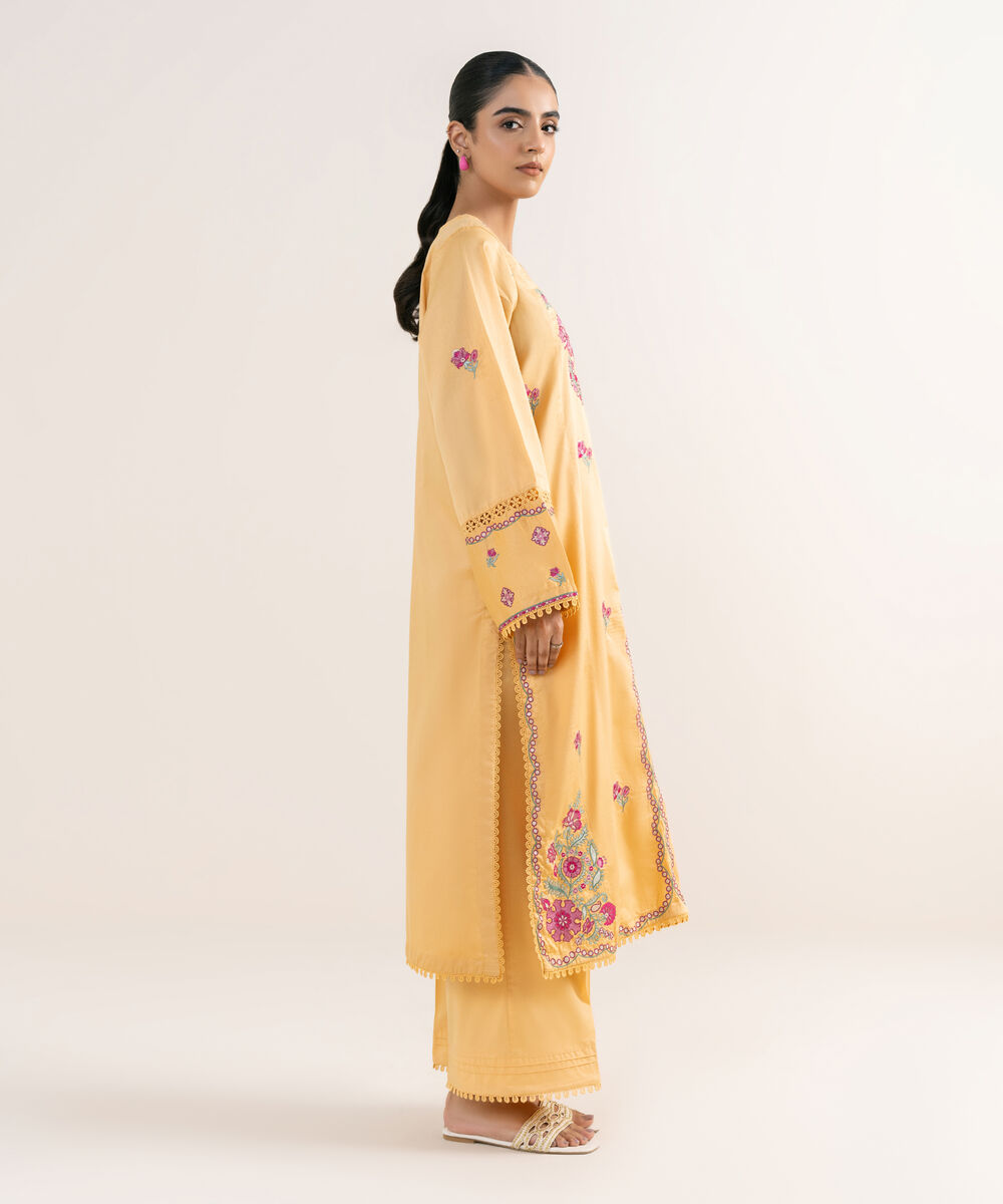 Women's RTW Cotton Satin Orange Embroidered A-Line Shirt