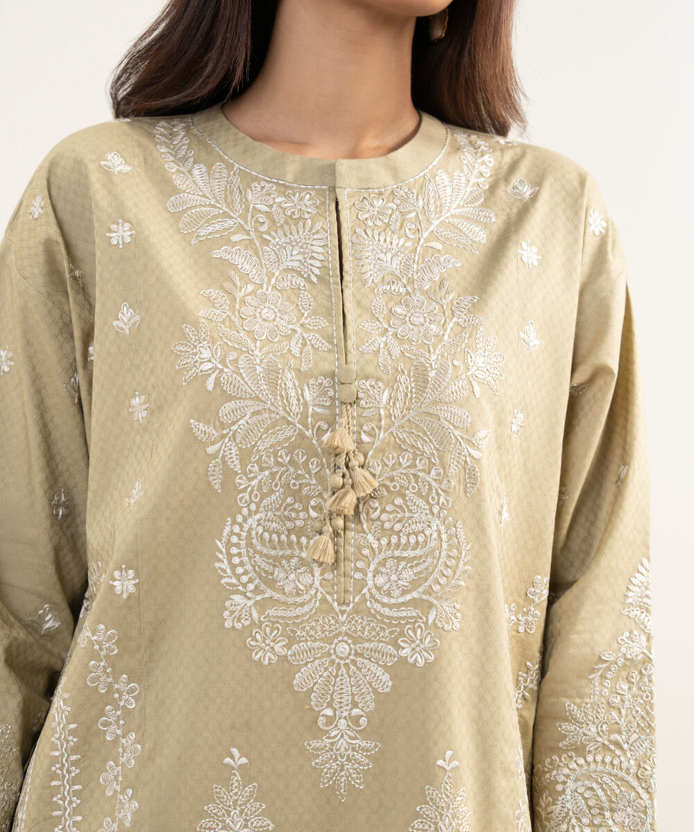 Women's Unstitched Dobby Embroidered Beige 3 Piece Suit