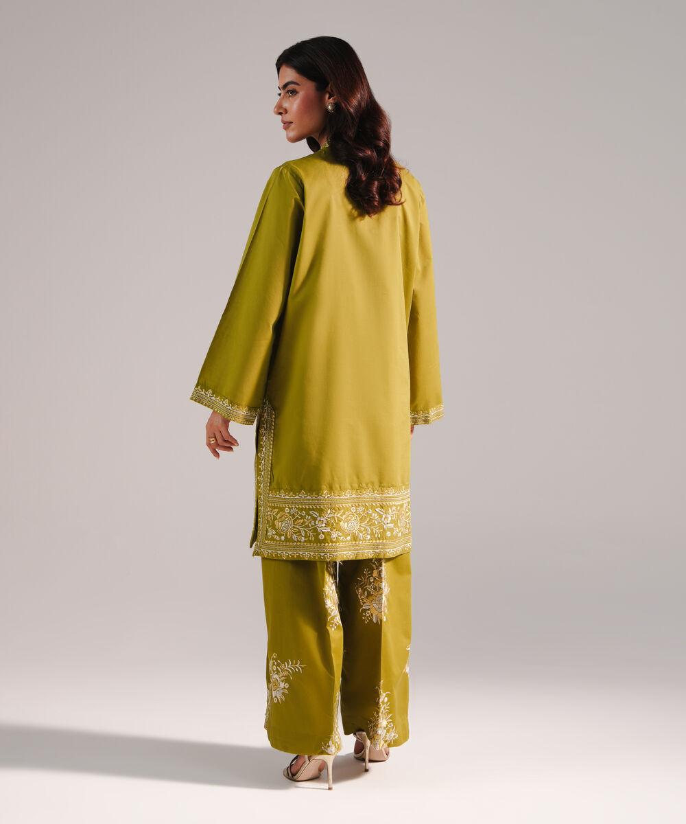 Women's RTW Slub Lawn Embroidered Green 2 Piece Suit