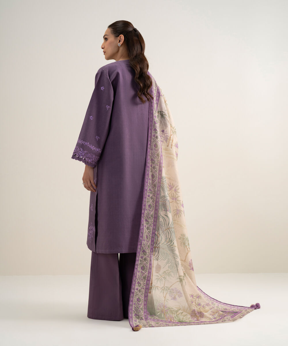 Women's Unstitched Dobby Embroidered Purple 3 Piece Suit