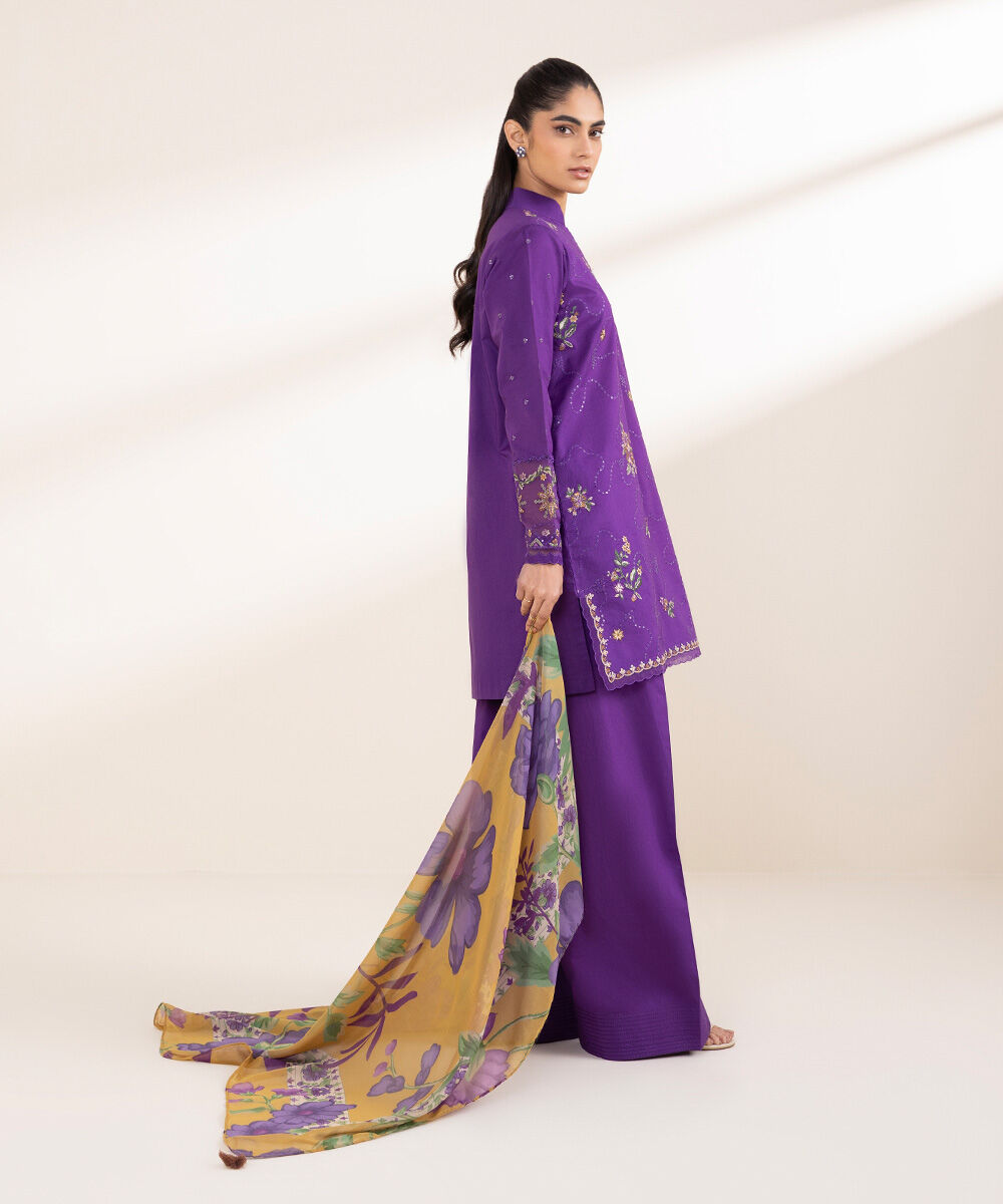 Unstitched Women's Embroidered Textured Lawn Purple Three Piece Suit