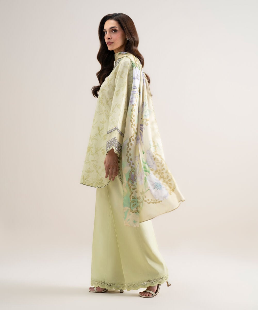 Women's Unstitched Lawn Embroidered Lime Yellow 3 Piece Suit