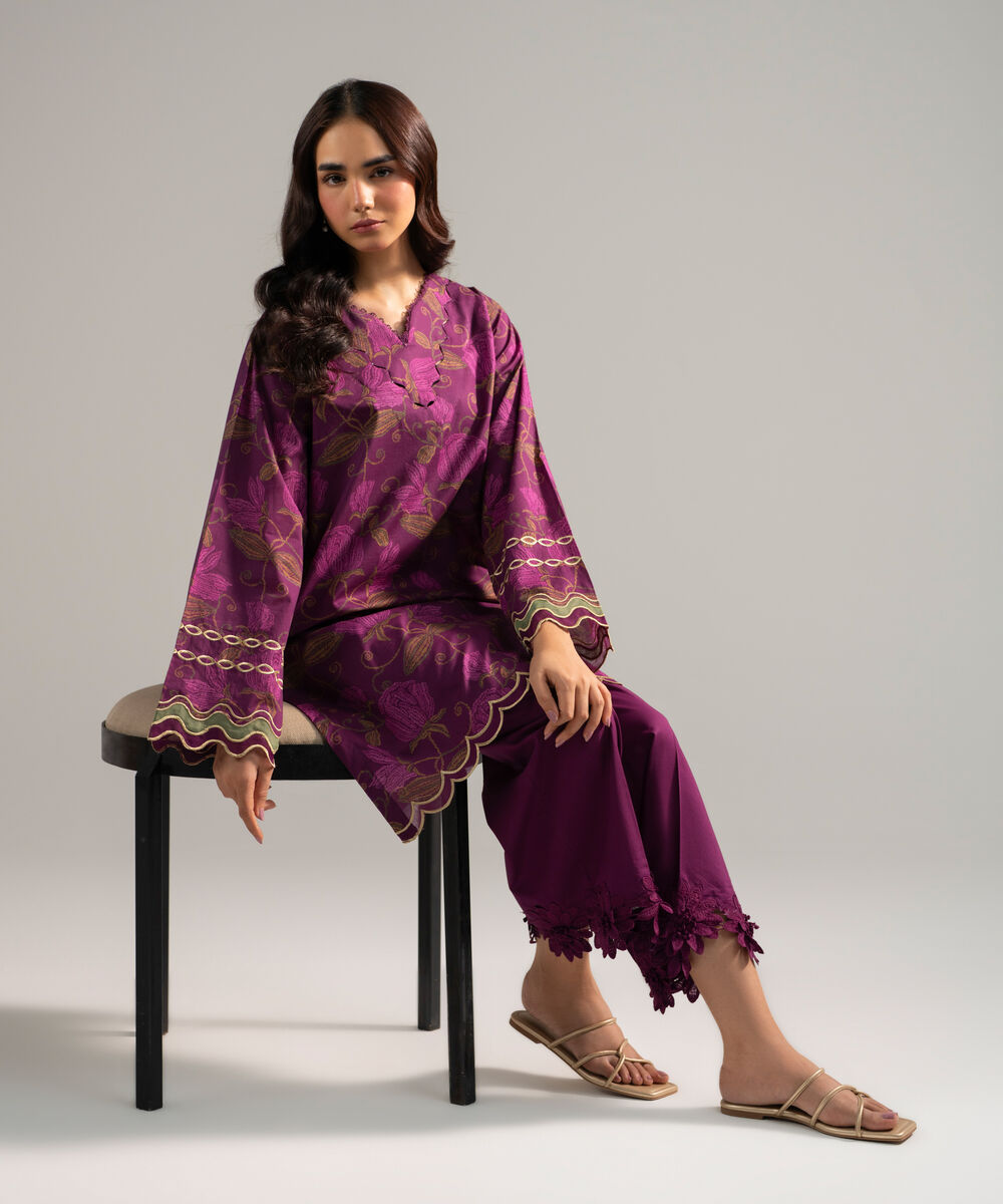 Women's RTW Slub Lawn Embroidered Purple 2 Piece Suit