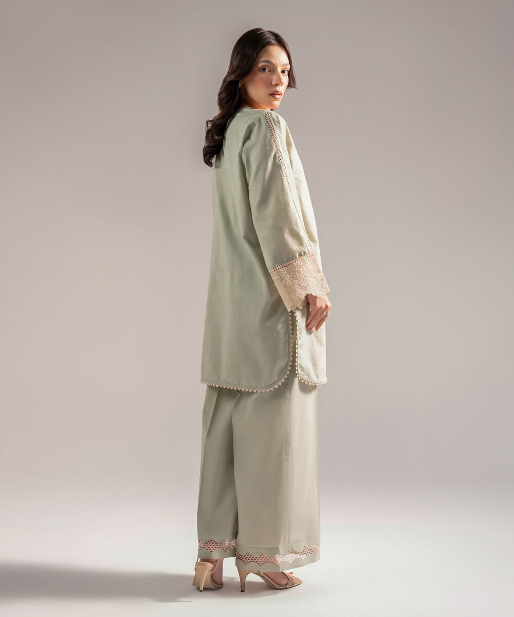 Women's RTW Self Jacquard Embroidered Mint Green 2 Piece Suit