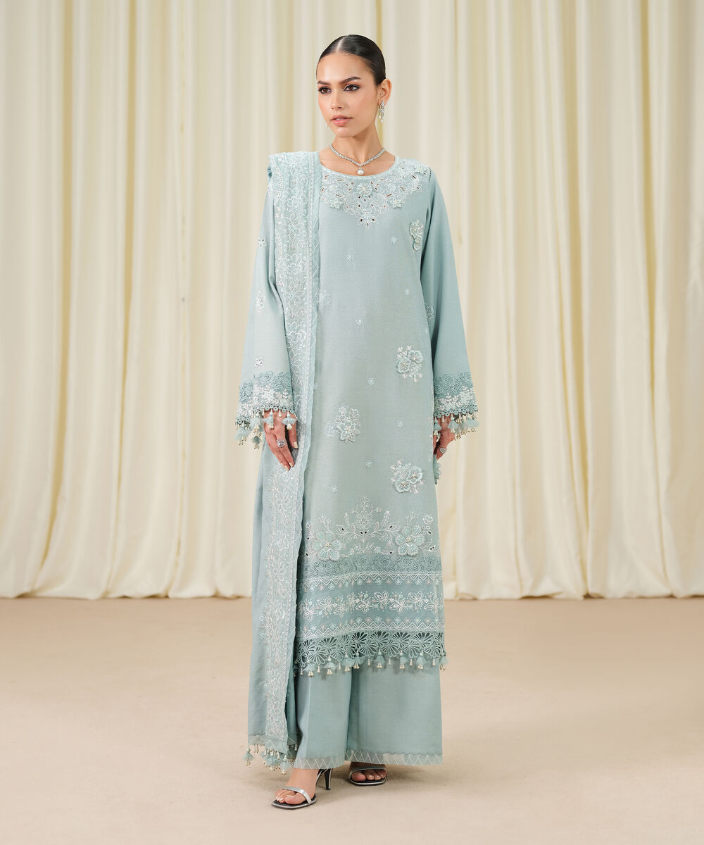 Women's Unstitched Embroidered Cotton Karandi Aqua 3 Piece Suit