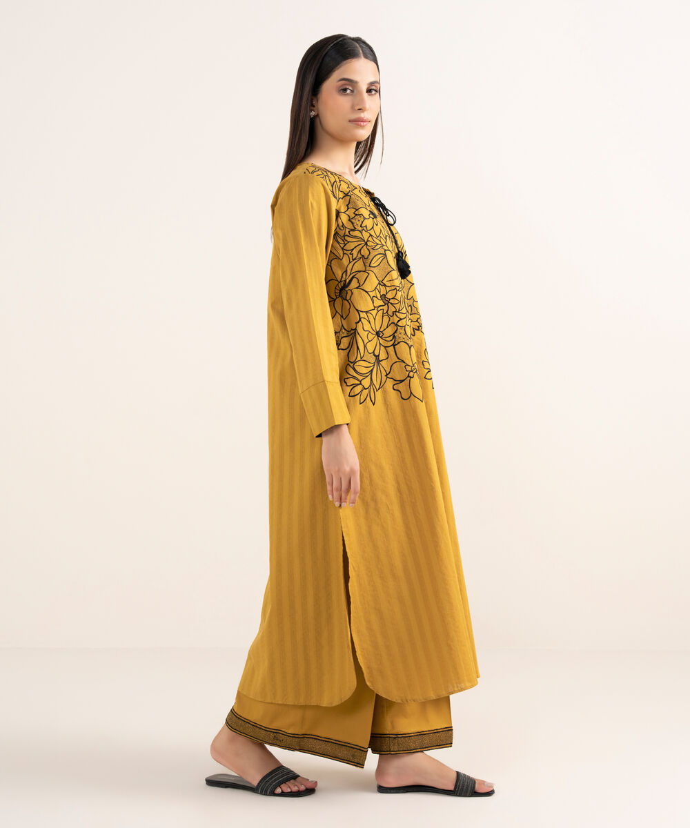 Women's RTW Textured Lawn Mustard Embroidered A-Line Shirt