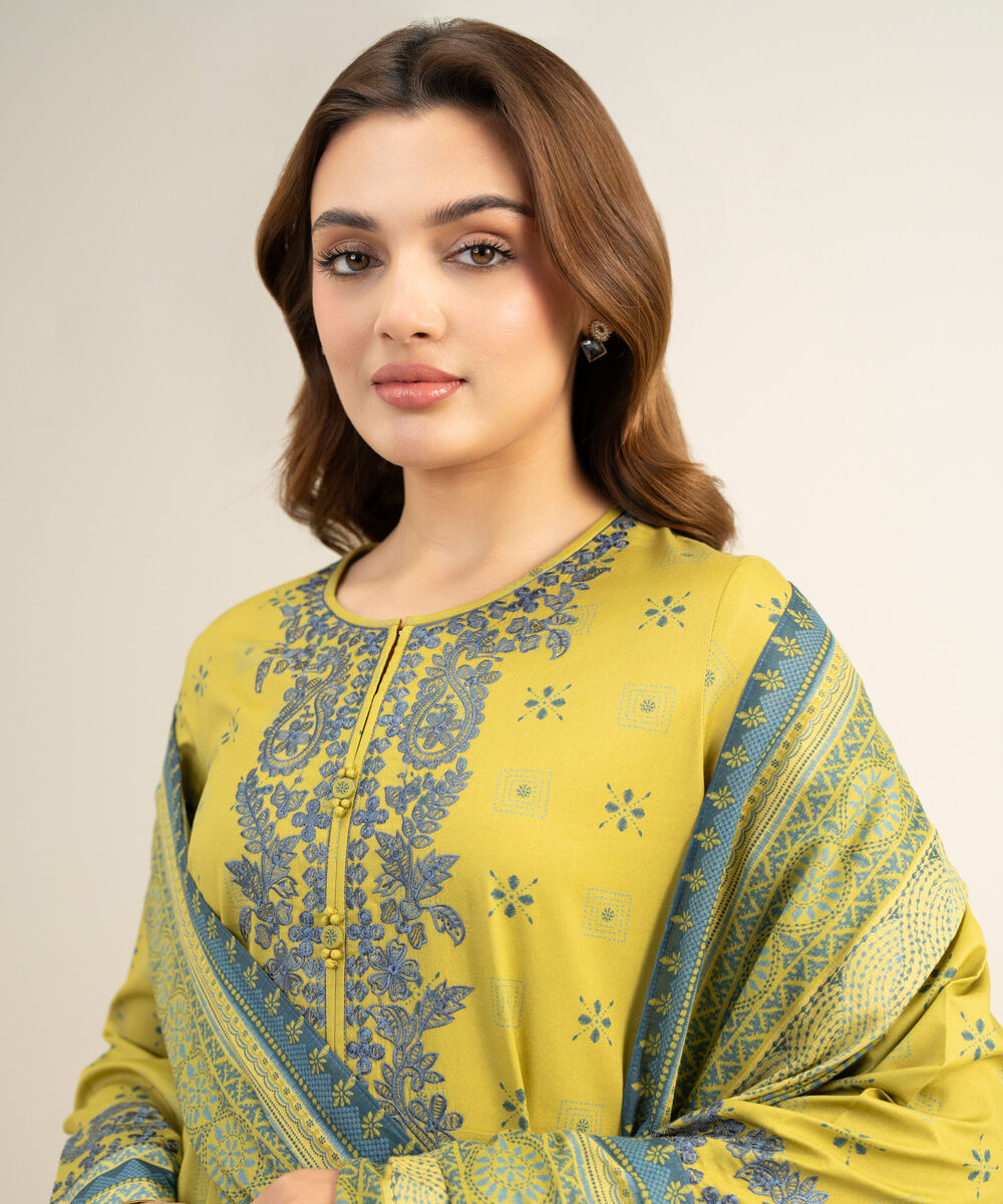 Women's Unstitched Lawn Embroidered Yellow 3 Piece Suit