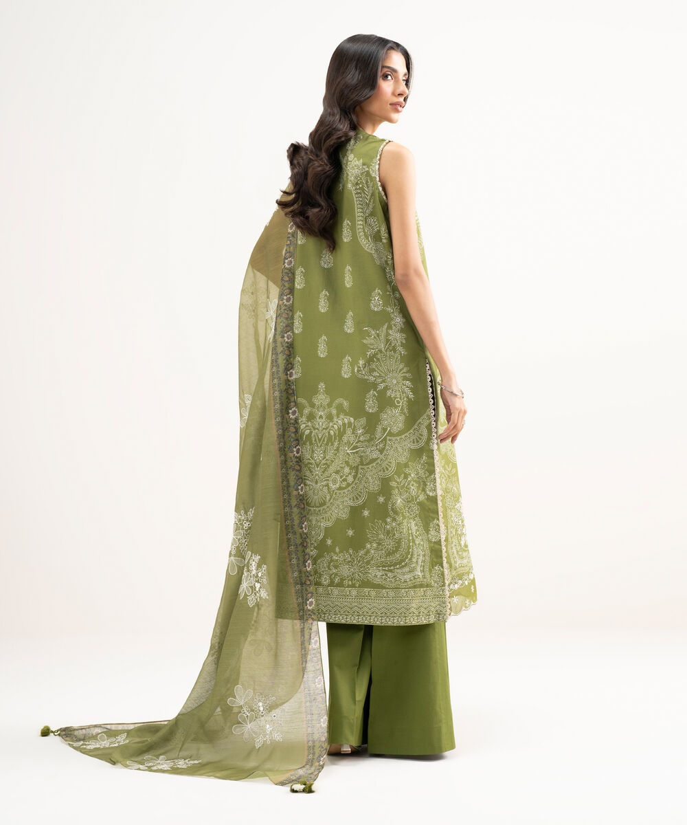 Women's Unstitched Lawn Embroidered Green 3 Piece Suit