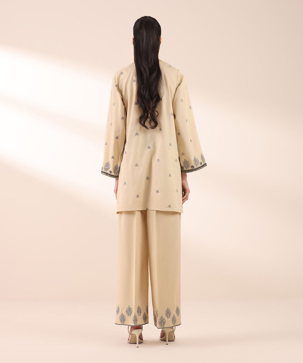 Women's RTW Dobby Beige Embroidered A-Line Shirt