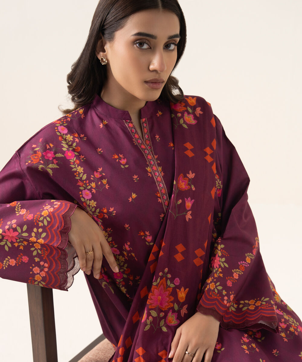 Women's Unstitched Lawn Printed Purple 3 Piece Suit