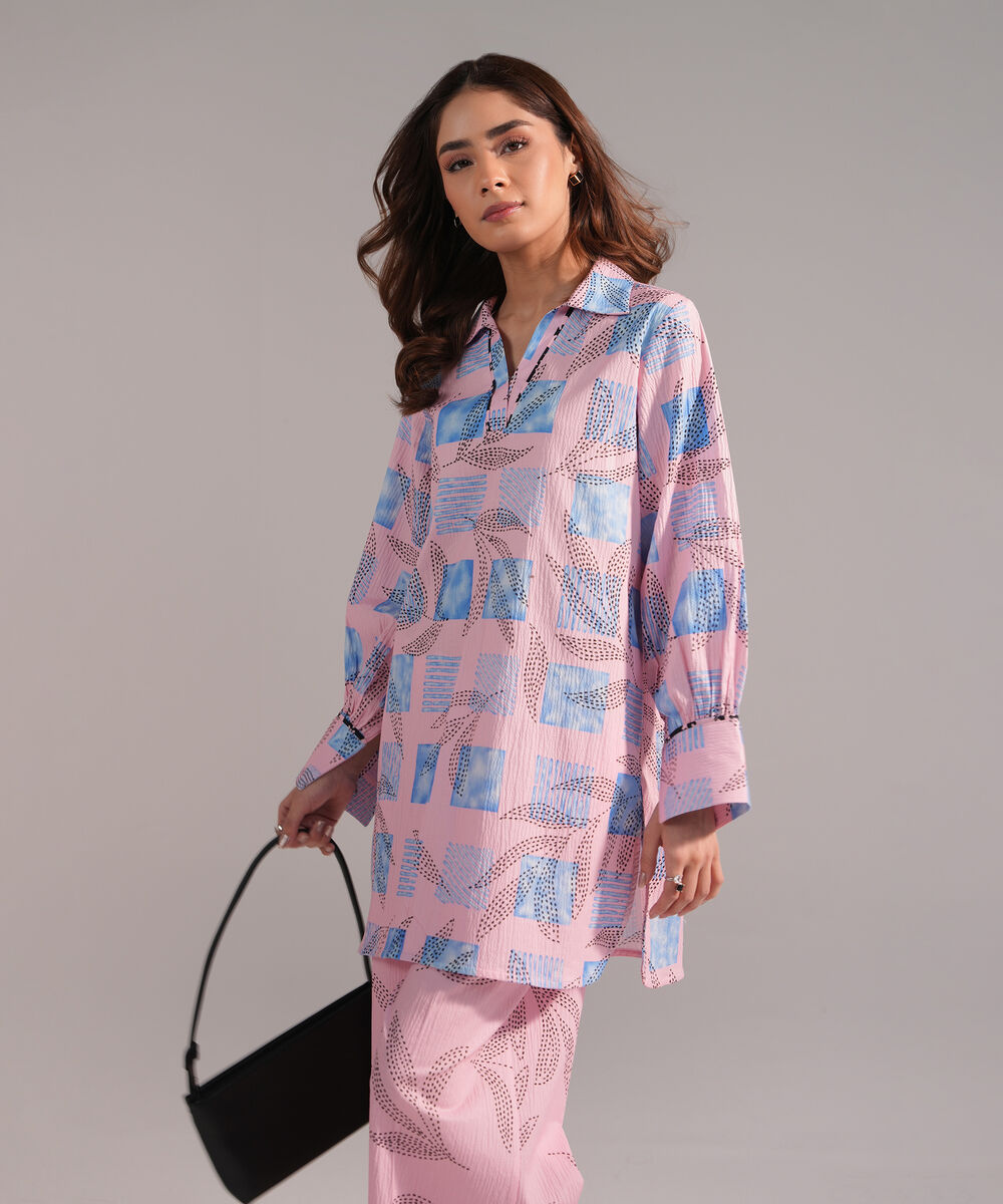 Women's RTW Seersucker Printed Pink Straight Shirt