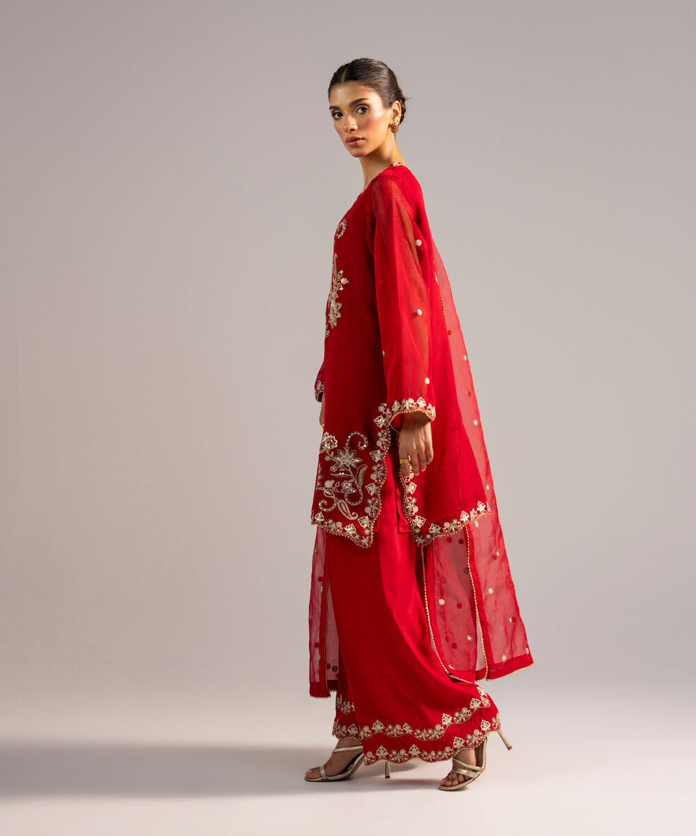 Women's RTW Khaddi Net Embroidered Red 3 Piece Suit