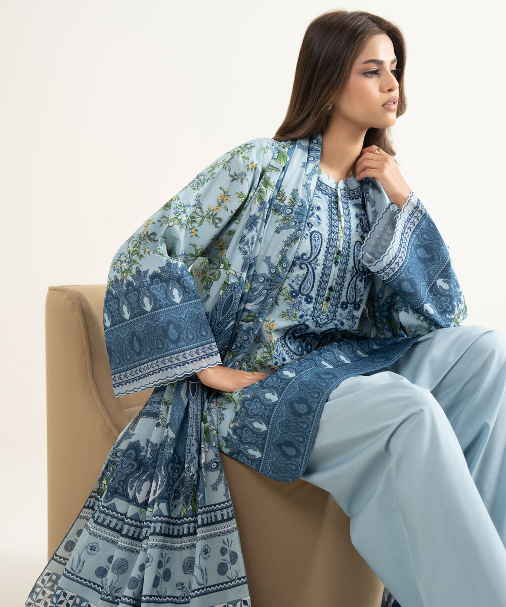 Women's Unstitched Lawn Embroidered Blue 3 Piece Suit